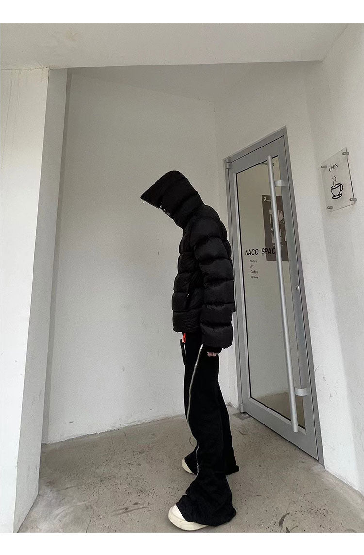 Dark Long Zipper Hooded Down Jacket Thickened