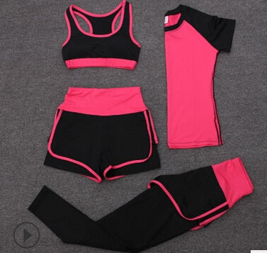 High waist pants,shorts,bra t-shirt 4 Piece women sportswear fitness gym set